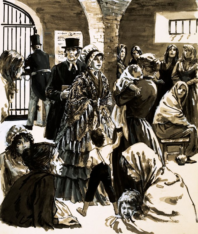 Elizabeth Fry blev en förkämpe för fängelsereform efter att ha besökt Newgate Prison (gouache på papper) av English School