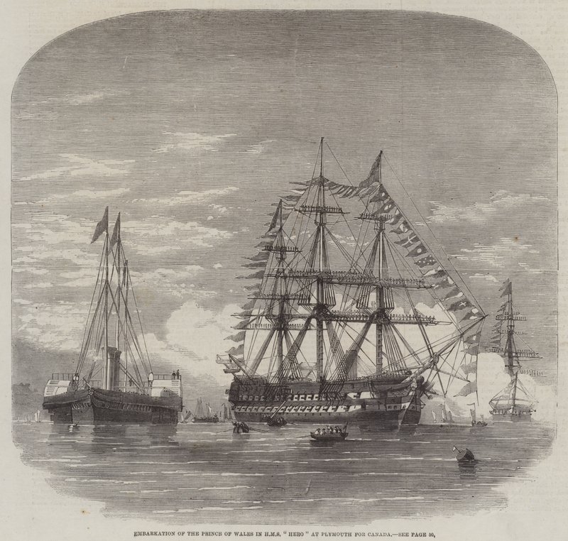 Ombordstigning av prinsen av Wales i HMS "Hero" i Plymouth för Kanada (gravyr) av English School