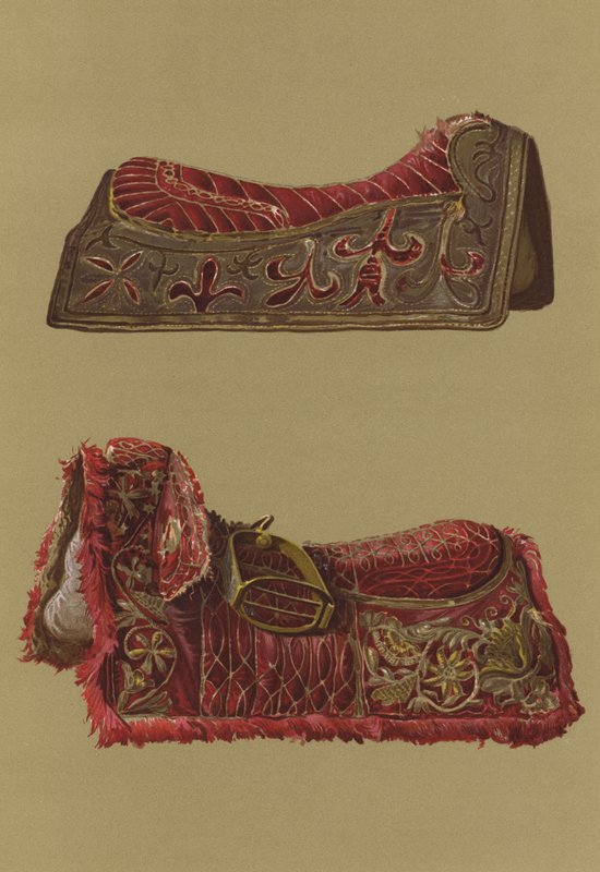 Broderade sammetssadlar av prins Rupert och kung Charles I (chromolitho) av English School