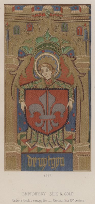 Broderi, siden och guld, under en gotisk baldakin etc, tyska, sent 1400-tal (färglitografi) av English School