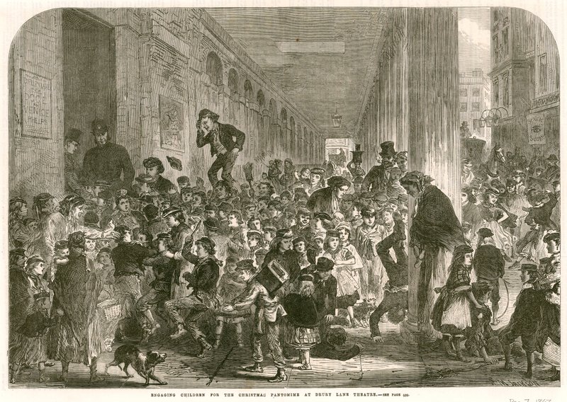 Engagera barn för julpantomimen på Drury Lane Theatre, London av English School