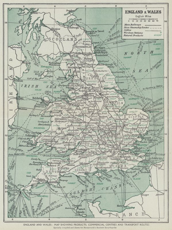 England och Wales, Karta som visar produkter, kommersiella centra och transportvägar (litho) av English School