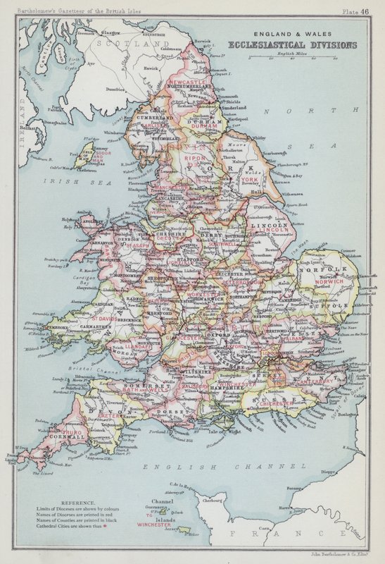 England och Wales, kyrkliga indelningar (färglitografi) av English School