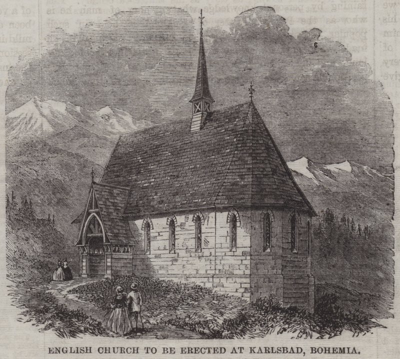 Engelska kyrkan kommer att uppföras i Karlsbad, Böhmen (gravyr) av English School