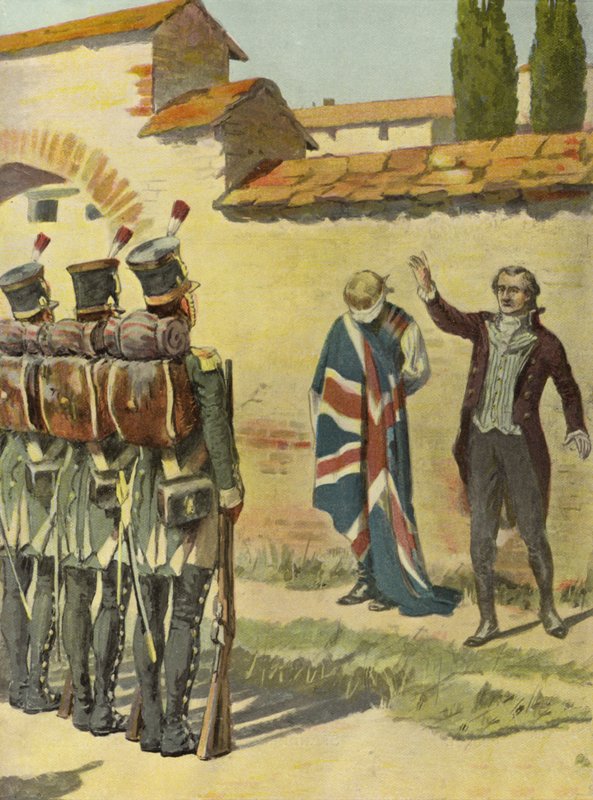 Engelsk konsul som skyddar en fånge (färg litho) av English School