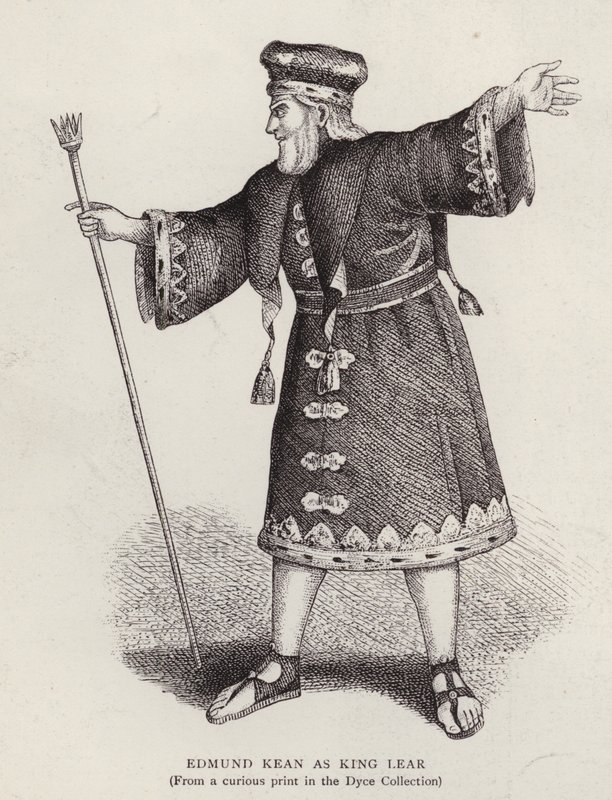 Engelske skådespelaren Edmund Kean i titelrollen i Shakespeares King Lear (litho) av English School