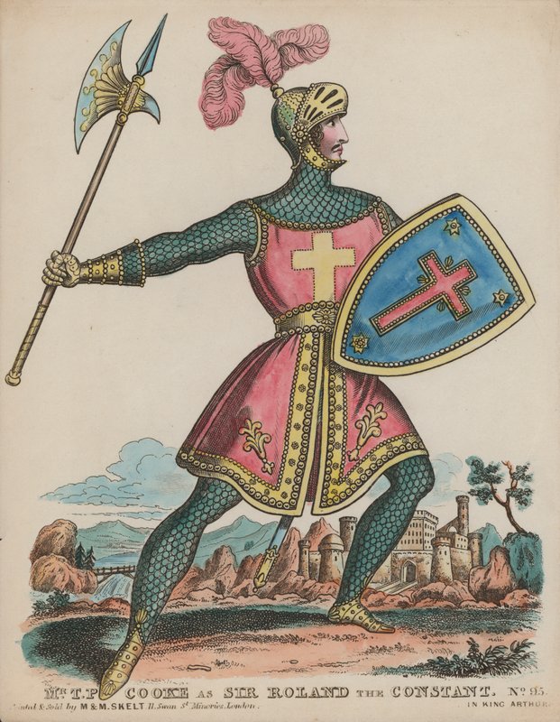 Engelske skådespelaren Thomas Potter Cooke som Sir Roland the Constant i King Arthur (färgad gravyr) av English School