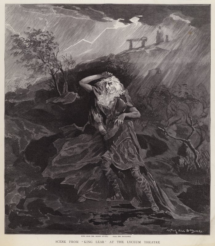 De engelska skådespelarna Henry Irving och William Haviland i en produktion av Shakespeares King Lear på Lyceum Theatre, London av English School