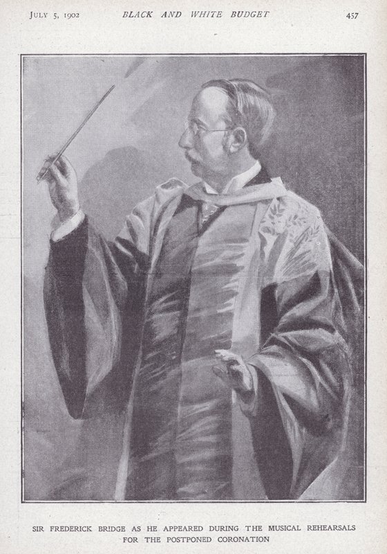 Engelsk kompositör, organist och dirigent Sir Frederick Bridge repeterar inför den uppskjutna kröningen av kung Edward VII av English School