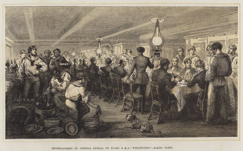 Underhållning till amiral Dundas, ombord på HMS "Wellington," Baltic Fleet (lito i färg) av English School