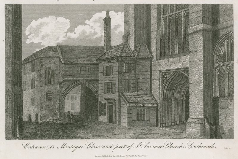 Ingången till Montague Close och en del av St Savios Church, Southwark, Surrey av English School
