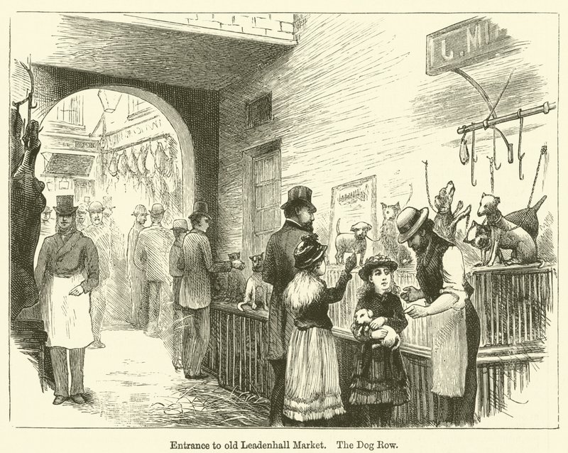 Ingång till gamla Leadenhall Market, The Dog Row (gravyr) av English School