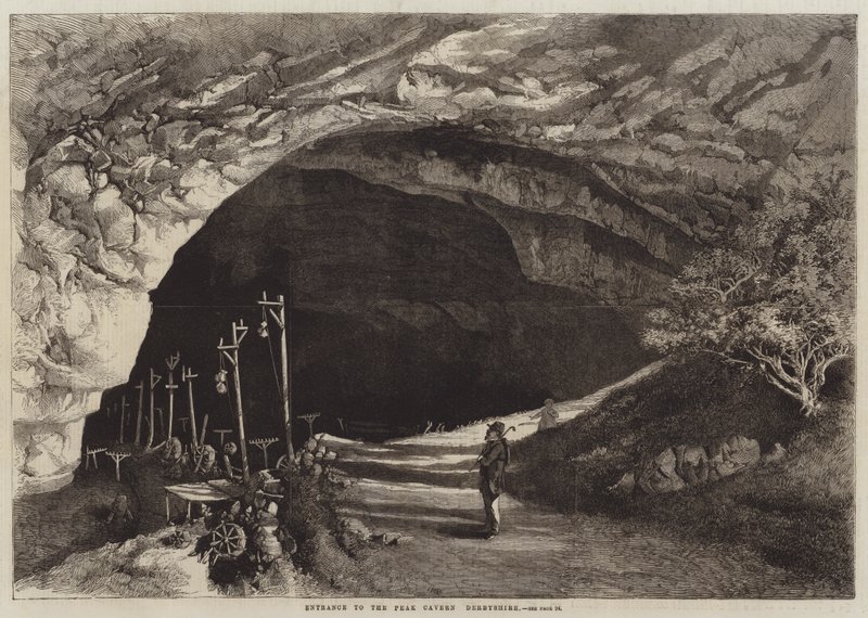 Ingång till Peak Cavern, Derbyshire (gravyr) av English School