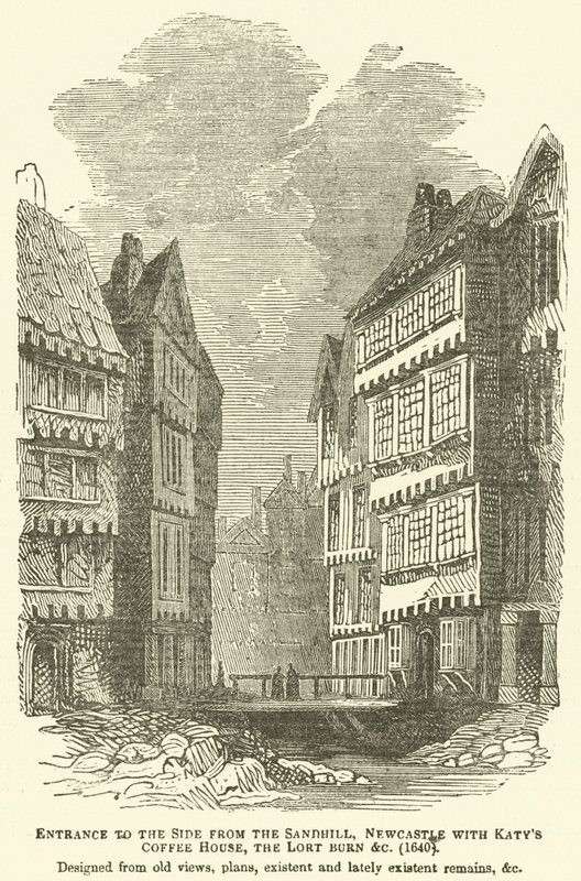 Entré till sidan från Sandhill, Newcastle med Katys Coffee House, Lort Burn etc, 1640, designad utifrån gamla vyer, planer, befintliga och nyligen existerande lämningar, etc. av English School