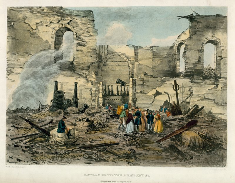Ingången till vapenhuset, Tower of London Fire, 1841 av English School