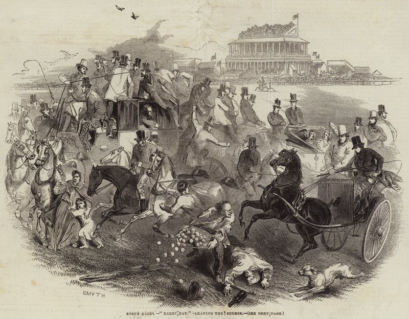 Epsom Races, "Derby Day", lämnar banan (gravyr) av English School