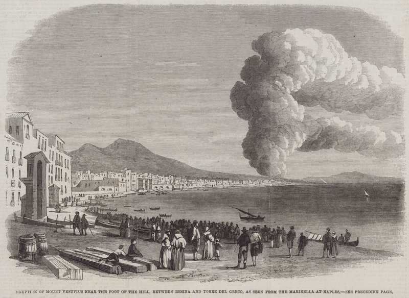 Utbrott av Vesuvius nära foten av kullen, mellan Resina och Torre del Greco, sett från Marinella vid Neapel (gravyr) av English School