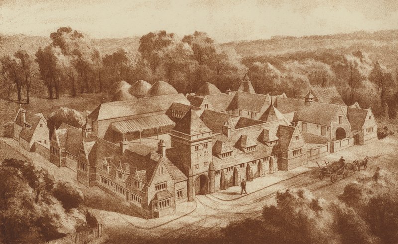 Herrgårdsbyggnader och stall, Clipsham, Rutland (litografi) av English School
