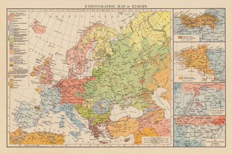 Etnografisk karta över Europa (färglitografi) av English School