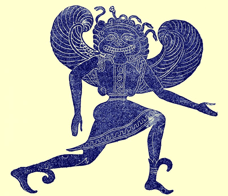 Etruskisk gorgon, från Campana-museet, illustration från History of Rome av Victor Duruy, publicerad 1884 (digitalt förbättrad bild) av English School