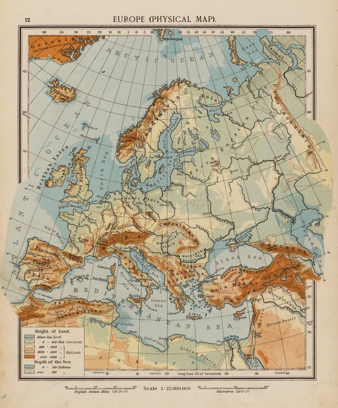 Europa, fysisk karta (färglitografi) av English School