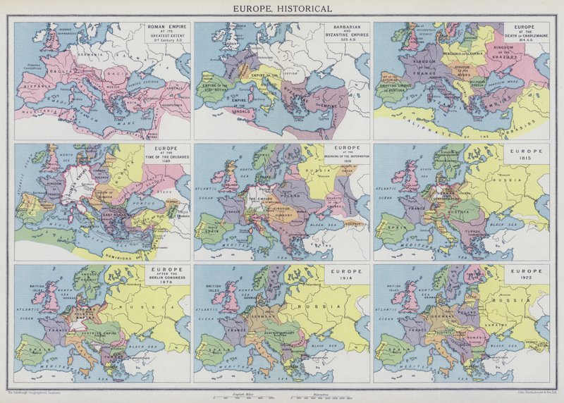 Europa, historiskt (färglitografi) av English School