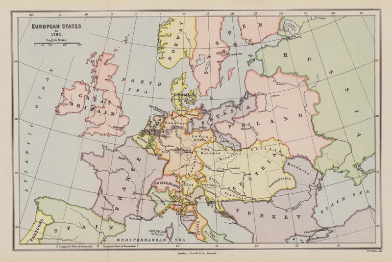 Europeiska stater 1792 (färglitografi) av English School