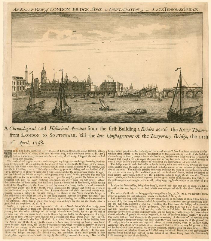Exakt utsikt över London Bridge sedan branden av den sena tillfälliga bron, 11 april 1758 av English School