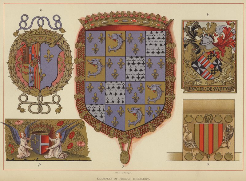 Exempel på fransk heraldik (färg litho) av English School