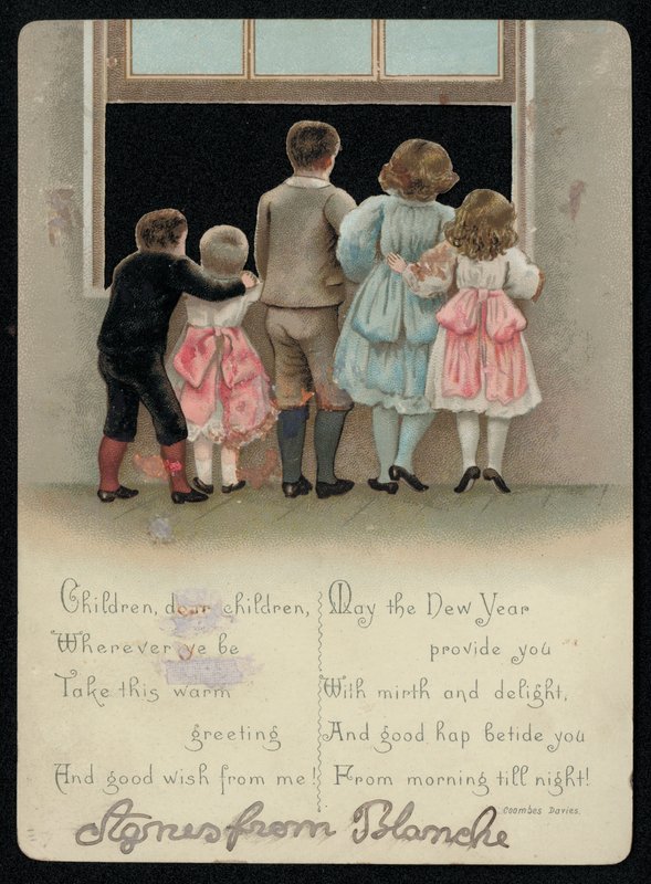 Upphetsade barn tittar ut genom fönstret, nyårshälsningskort. (chromolitho) av English School