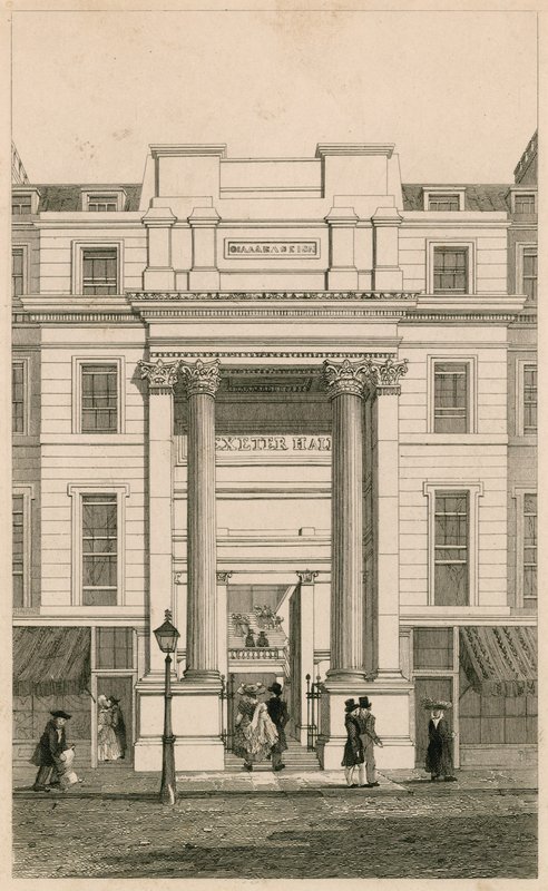 Exeter Hall, Strand, London; från Gentlemans Magazine; bevis av English School