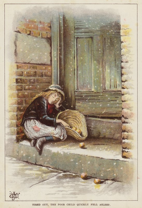Utmattad barn som sover på en tröskel i snön (chromolitho) av English School