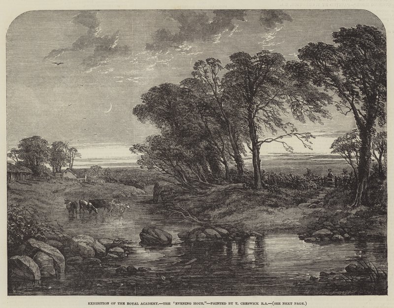Utställning av Royal Academy, "Evening Hour" (gravyr) av English School