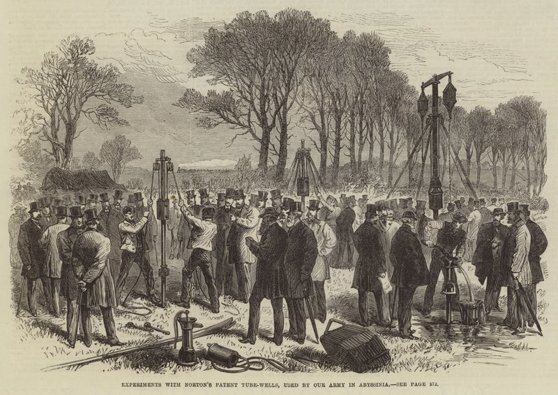 Experiment med Nortons Patent Tube-Wells, som används av Our Army i Abessinien (gravyr) av English School