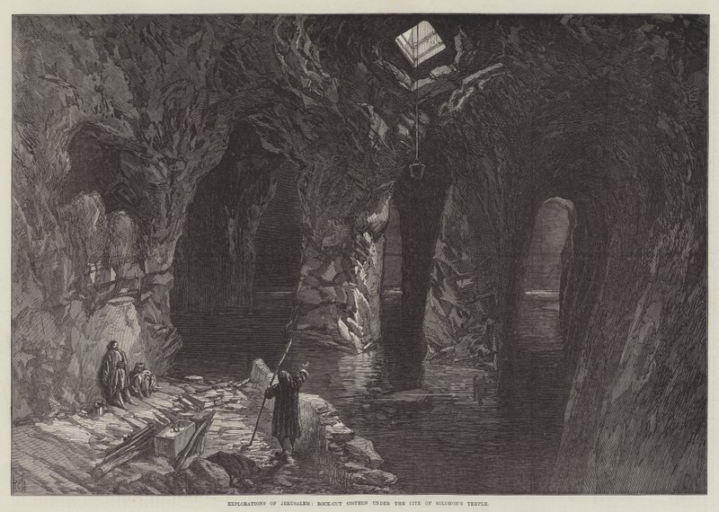 Utforskningar av Jerusalem, stenhuggen cistern under platsen för Salomos tempel (gravyr) av English School