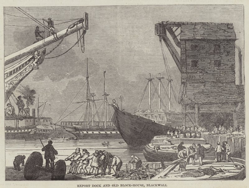 Export Dock och Old Block-House, Blackwall (gravyr) av English School