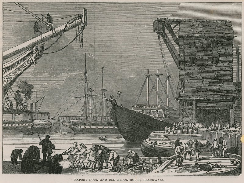 Exportdocka och gamla Block House, Blackwall av English School