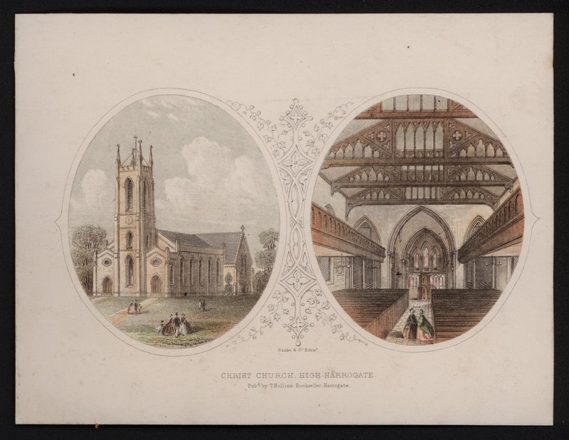 Exteriör och interiör vyer av Christ Church, Harrogate, Yorkshire (färgad gravyr) av English School