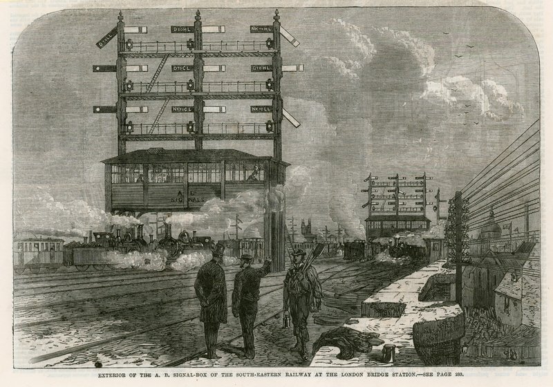 Exteriör av AB-signallådan på South-Eastern Railway vid London Bridge Station av English School