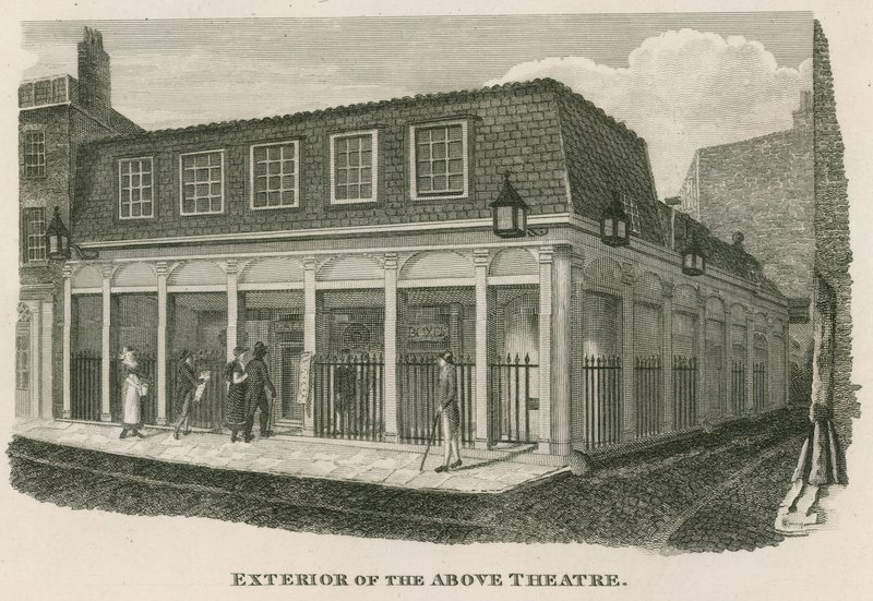 Exteriör av Royal Olympic Theatre, Wych Street, nära Drury Lane, London av English School