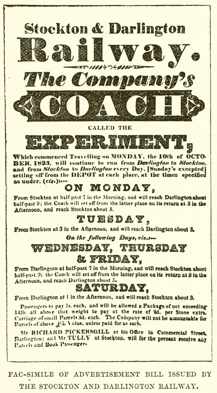 Fac-Simile of Advertisement Bill utfärdad av Stockton och Darlington Railway av English School