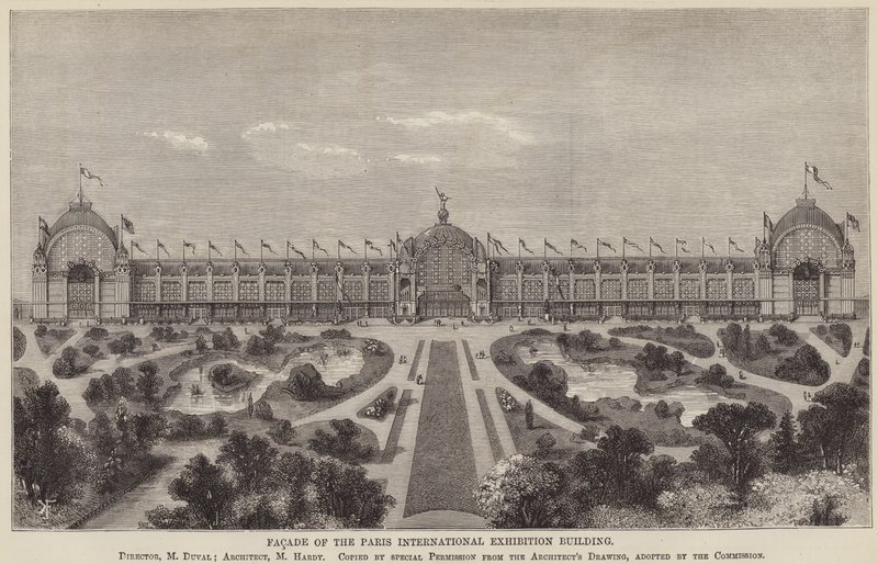 Fasad av Paris International Exhibition Building (gravyr) av English School