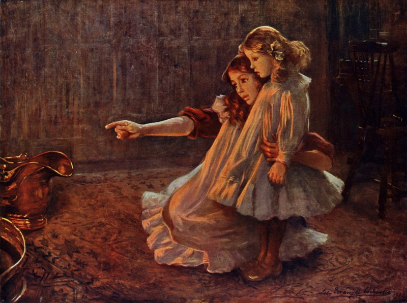 Faces in the Flames: kvinna och barn tittar in i en eld (färg litho) av English School