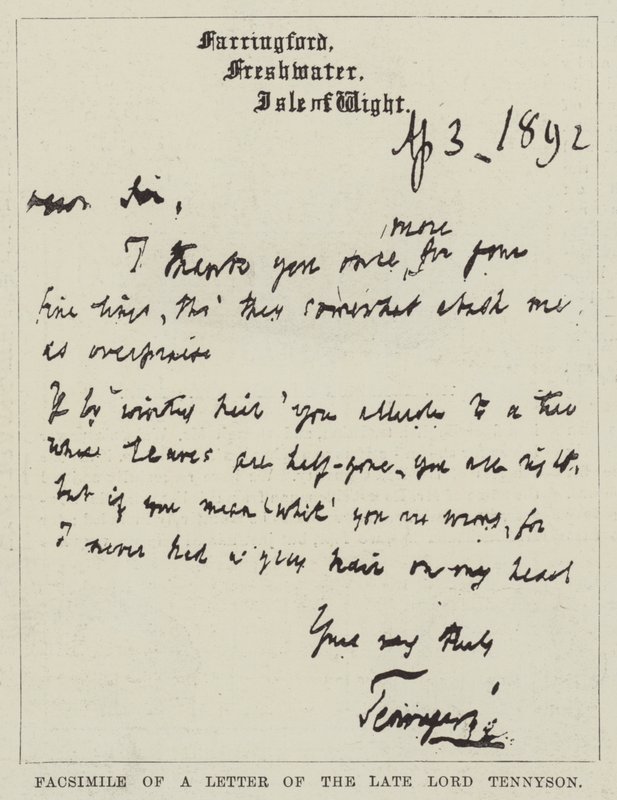 Faksimil av ett brev från framlidne Lord Tennyson (gravyr) av English School