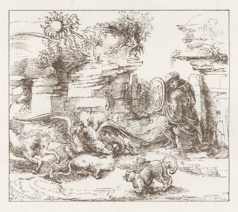 Faksimil av en studie av Leonardo da Vinci (gravyr) av English School