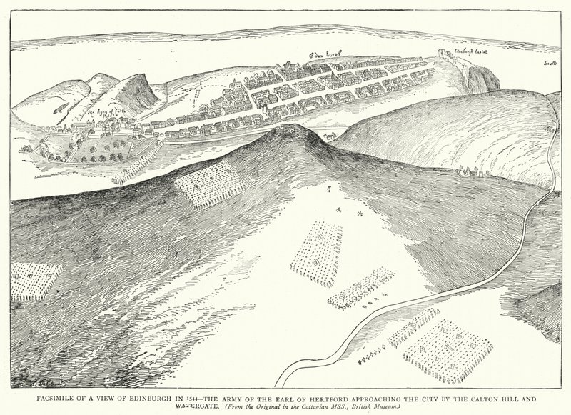 Faksimil av en vy över Edinburgh 1544, earlen av Hertfords armé närmar sig staden genom Calton Hill och Watergate (gravyr) av English School