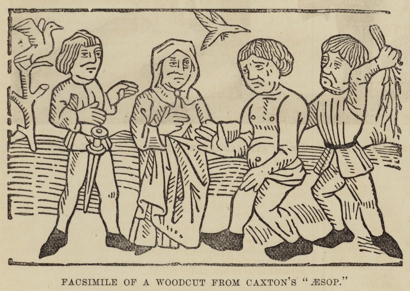 Faksimil av ett träsnitt från Caxtons "Aesop" (gravyr) av English School