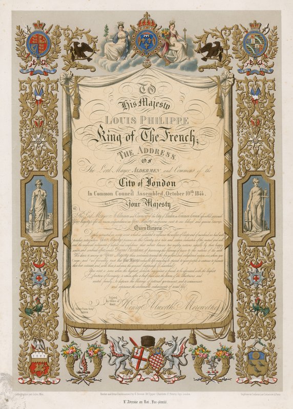 Faksimil av överborgmästarens adress till Louis Philippe, kung av Frankrike, 10 oktober 1844 av English School
