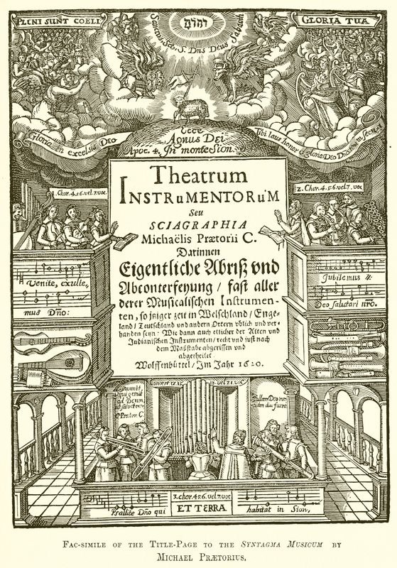 Faksimil av titelsidan till Syntagma Musicum av Michael Praetorius av English School