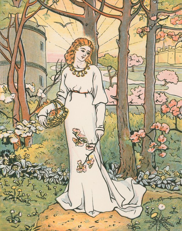Fair Emelye samlar blommor. "The Fairness of the Lady att jag ser Yonde i gardyn romynge fram och tillbaka" av English School